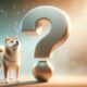 Shiba Inu dog looking up at large question mark with small question marks in background