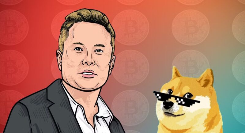 Cartoon illustration of a man in business attire next to a Shiba Inu dog with pixelated sunglasses