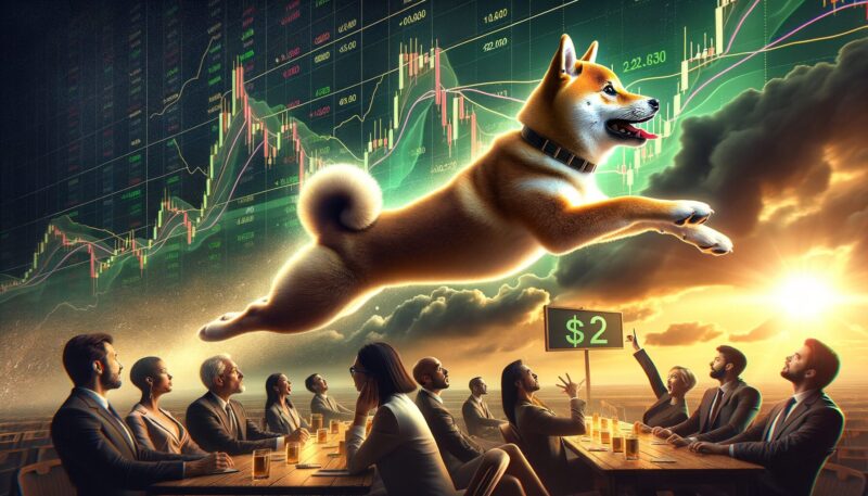 Dogecoin dog breaking through a price chart barrier, soaring upward with a $2 price target